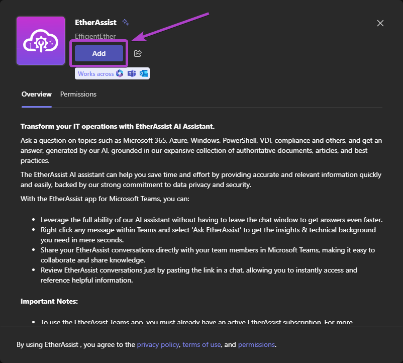 Add EtherAssist in Microsoft Teams