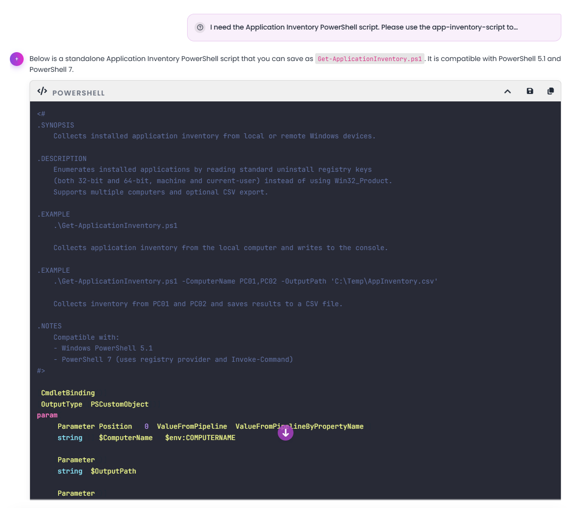 Application inventory script generated