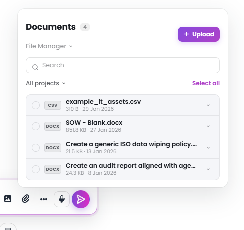 Attach documents button in chat