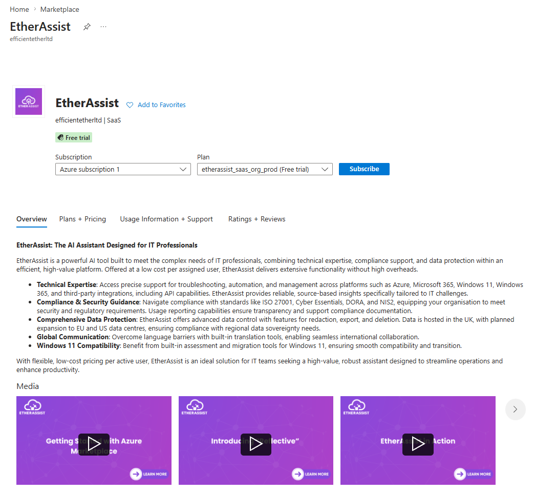 EtherAssist marketplace listing page