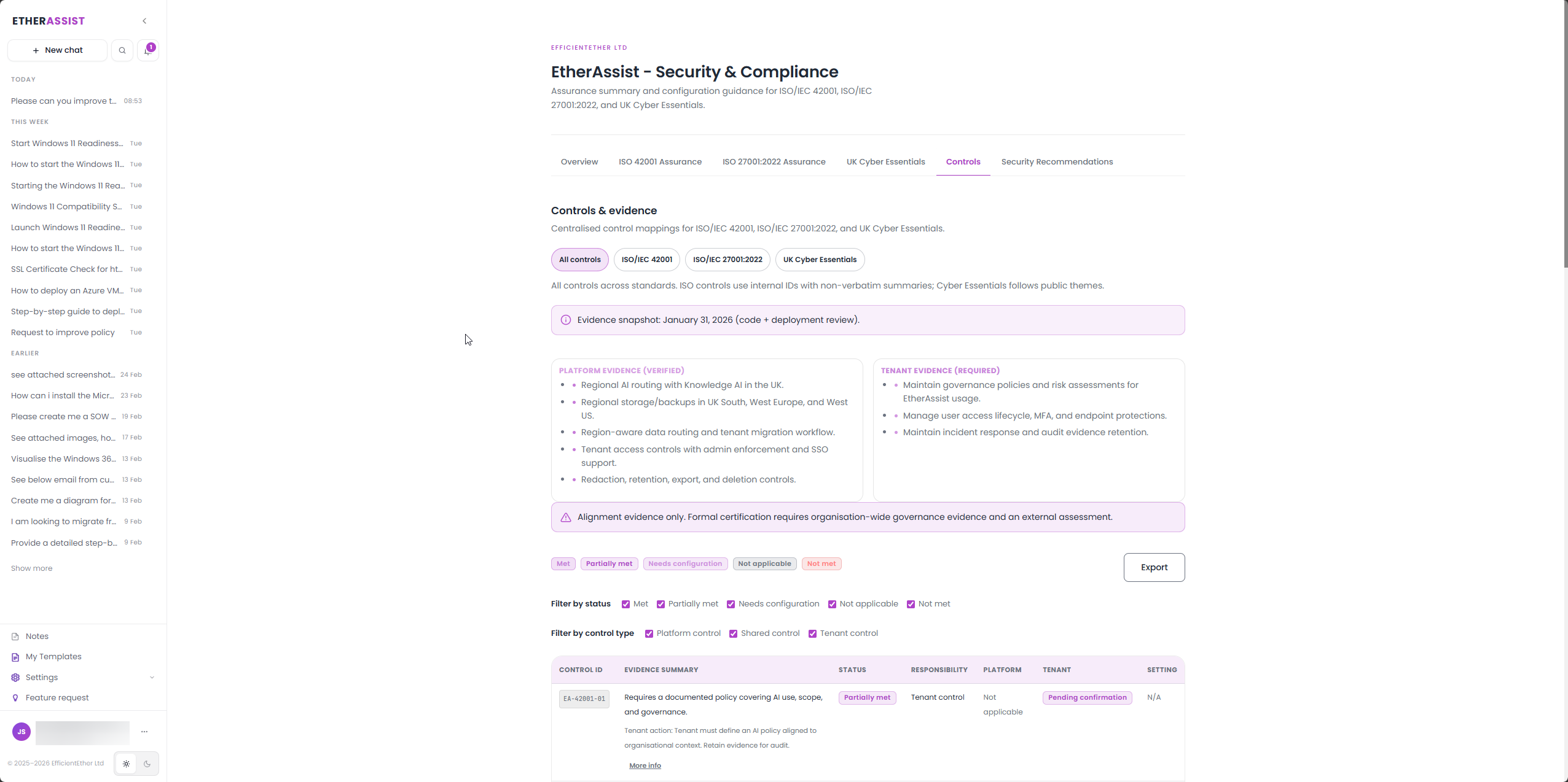 Compliance controls dashboard