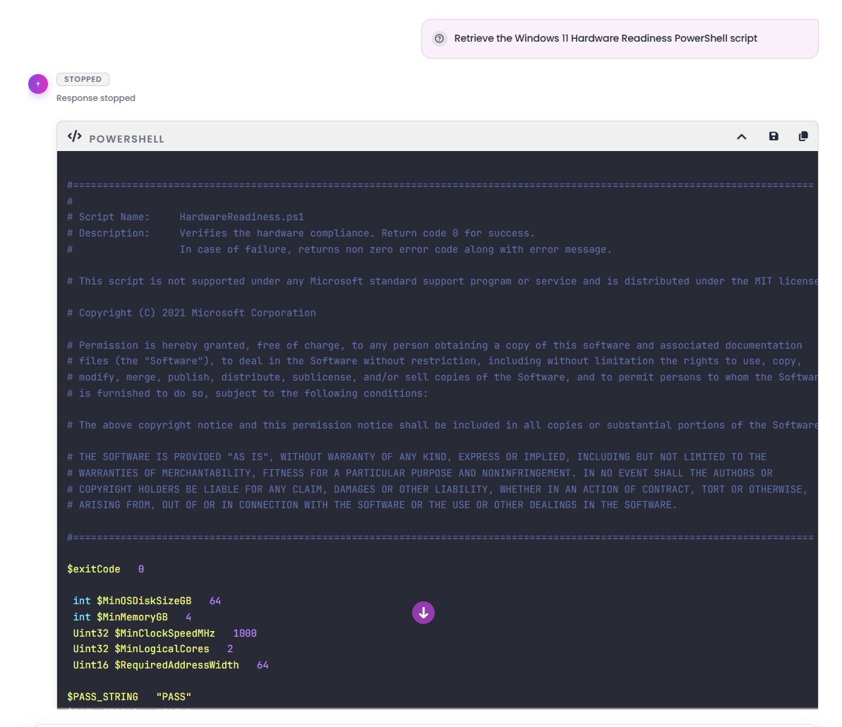 Hardware readiness script generated