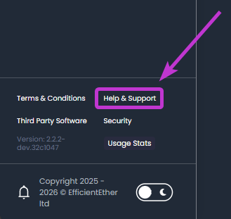 Help and support options in EtherAssist