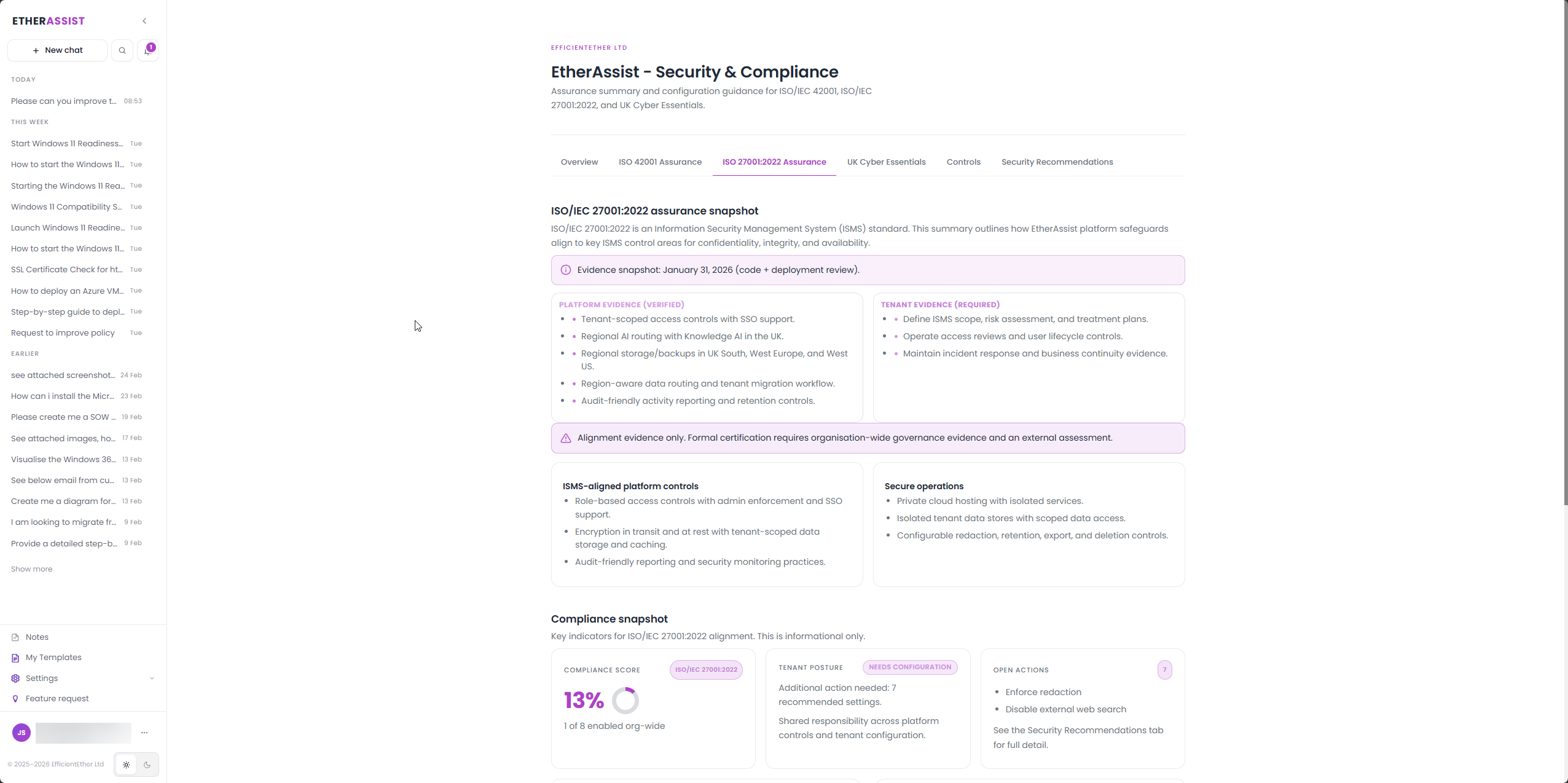 ISO 27001 assurance dashboard