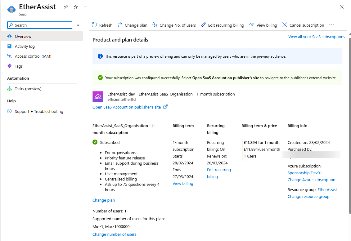Azure SaaS subscription review page