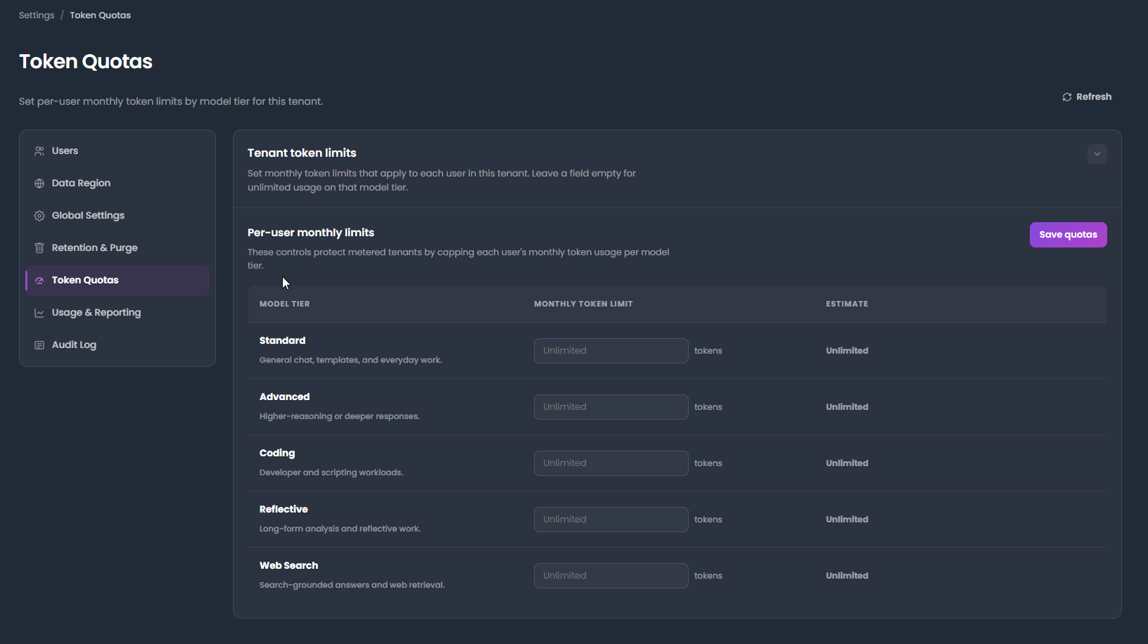 User token quota settings