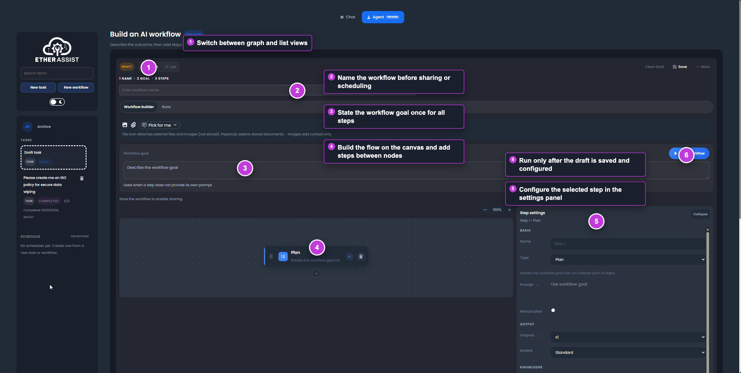 Annotated workflow builder screen