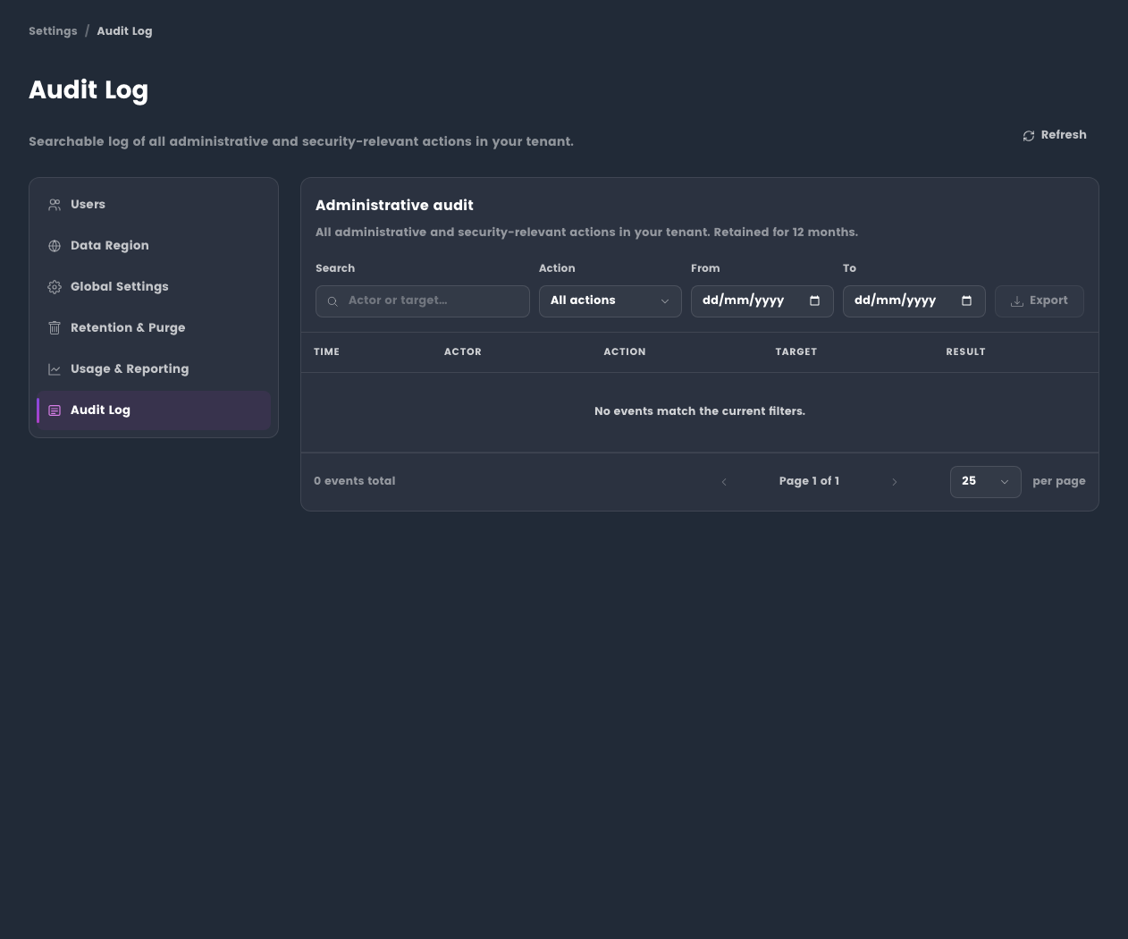 Audit log view in EtherAssist