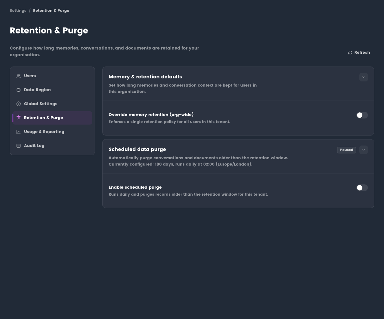 Purge and export options in the admin panel