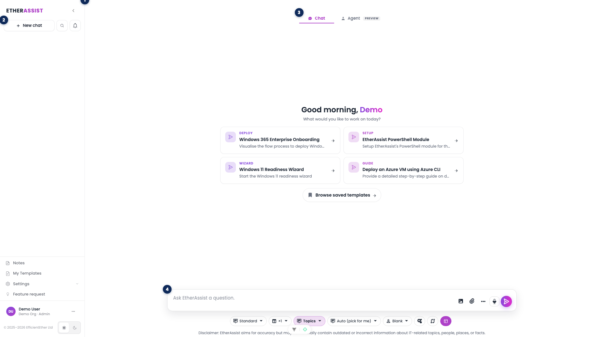 Annotated EtherAssist chat workspace highlighting sidebar, new chat, mode tabs, and composer
