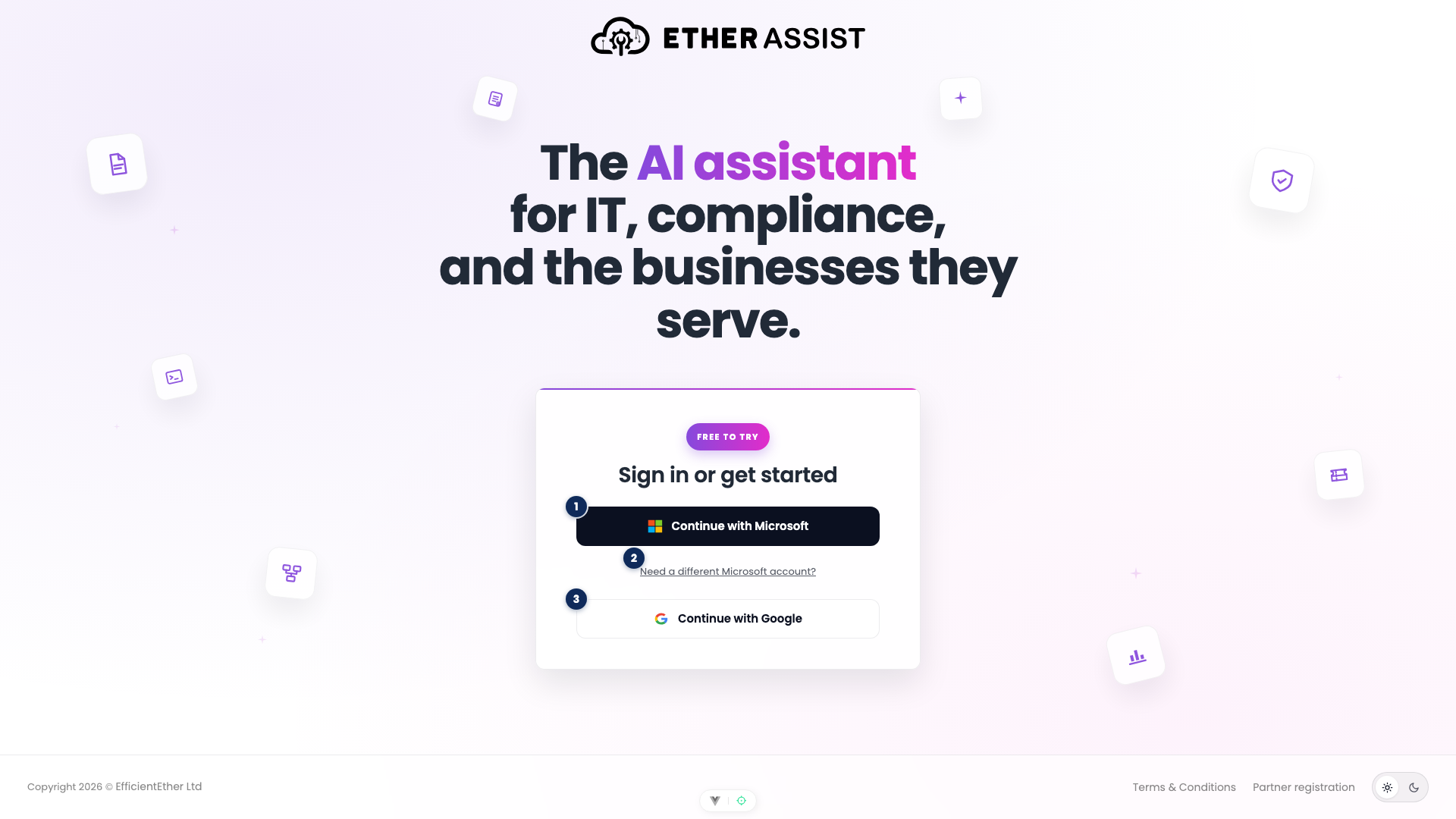 Annotated EtherAssist sign-in page with Microsoft and Google sign-in options