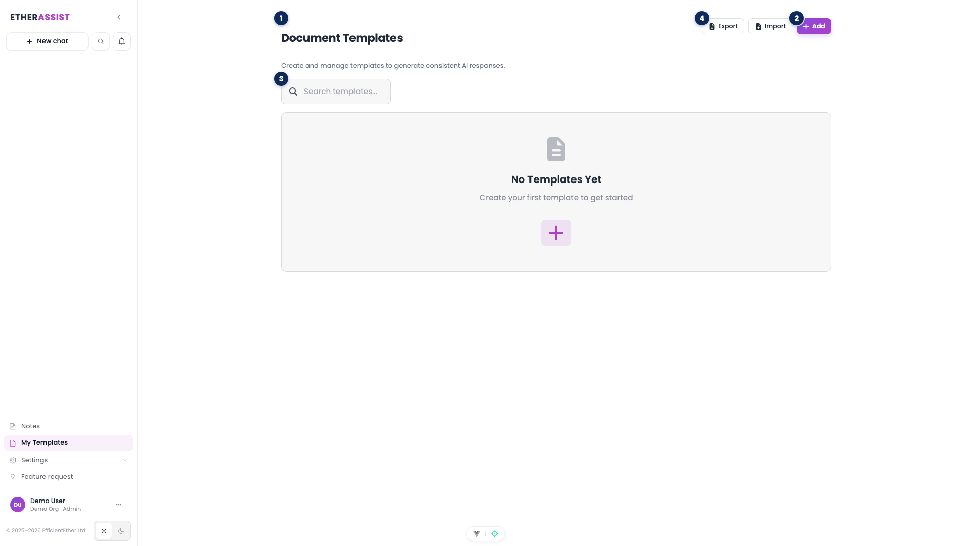 Annotated Document Templates page highlighting heading, add, search, and import/export