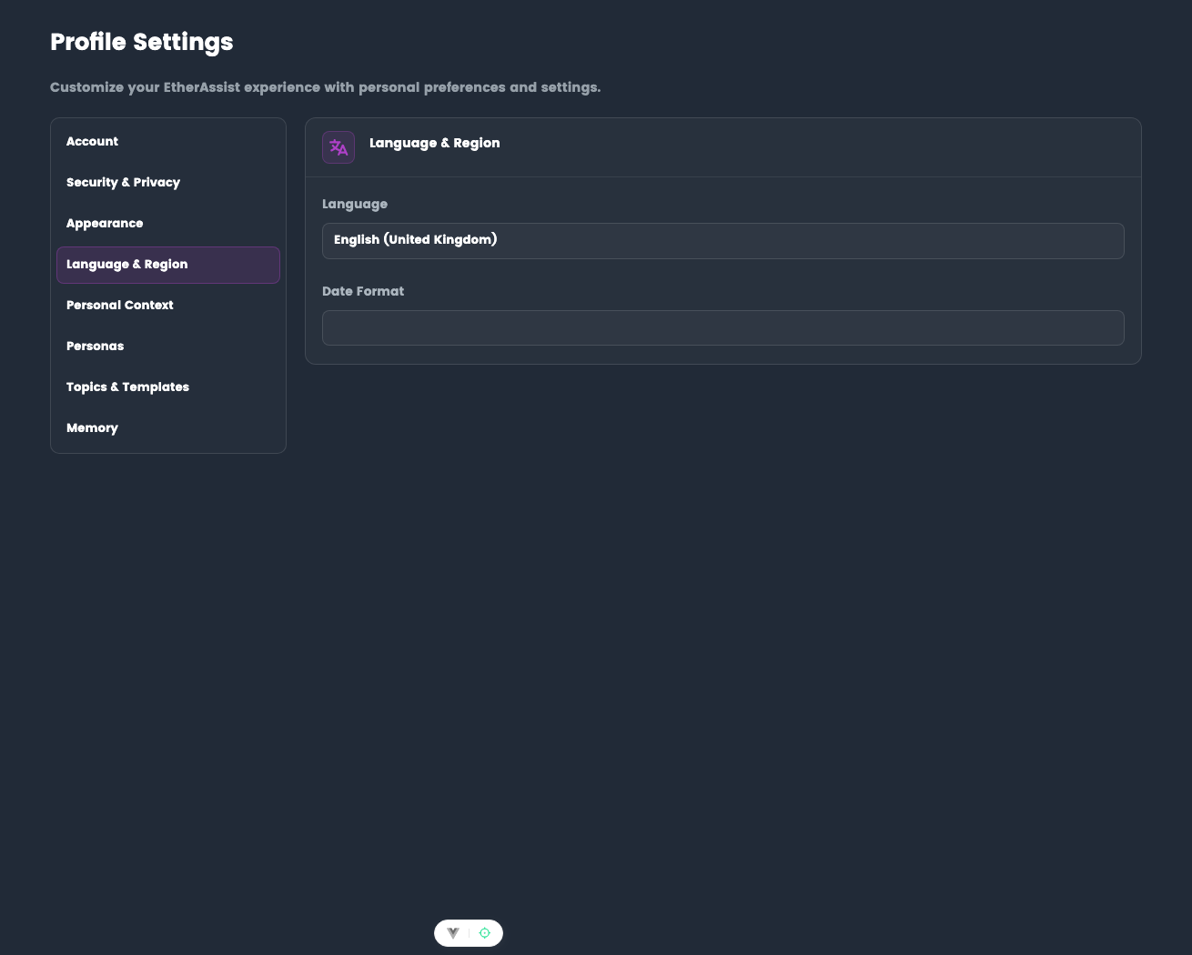 Language and region settings