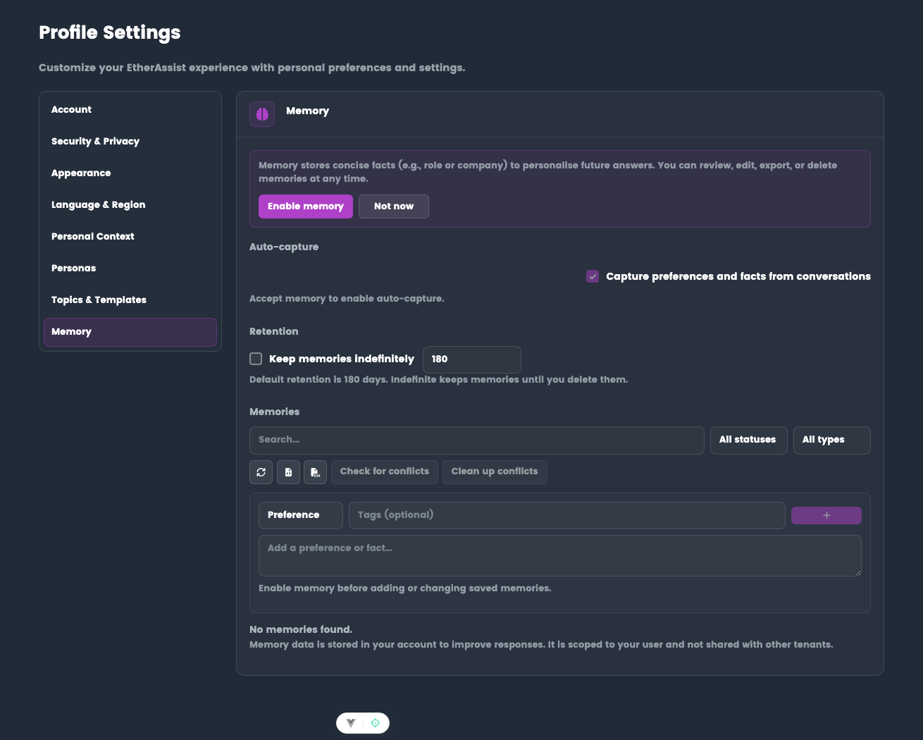 Memory settings