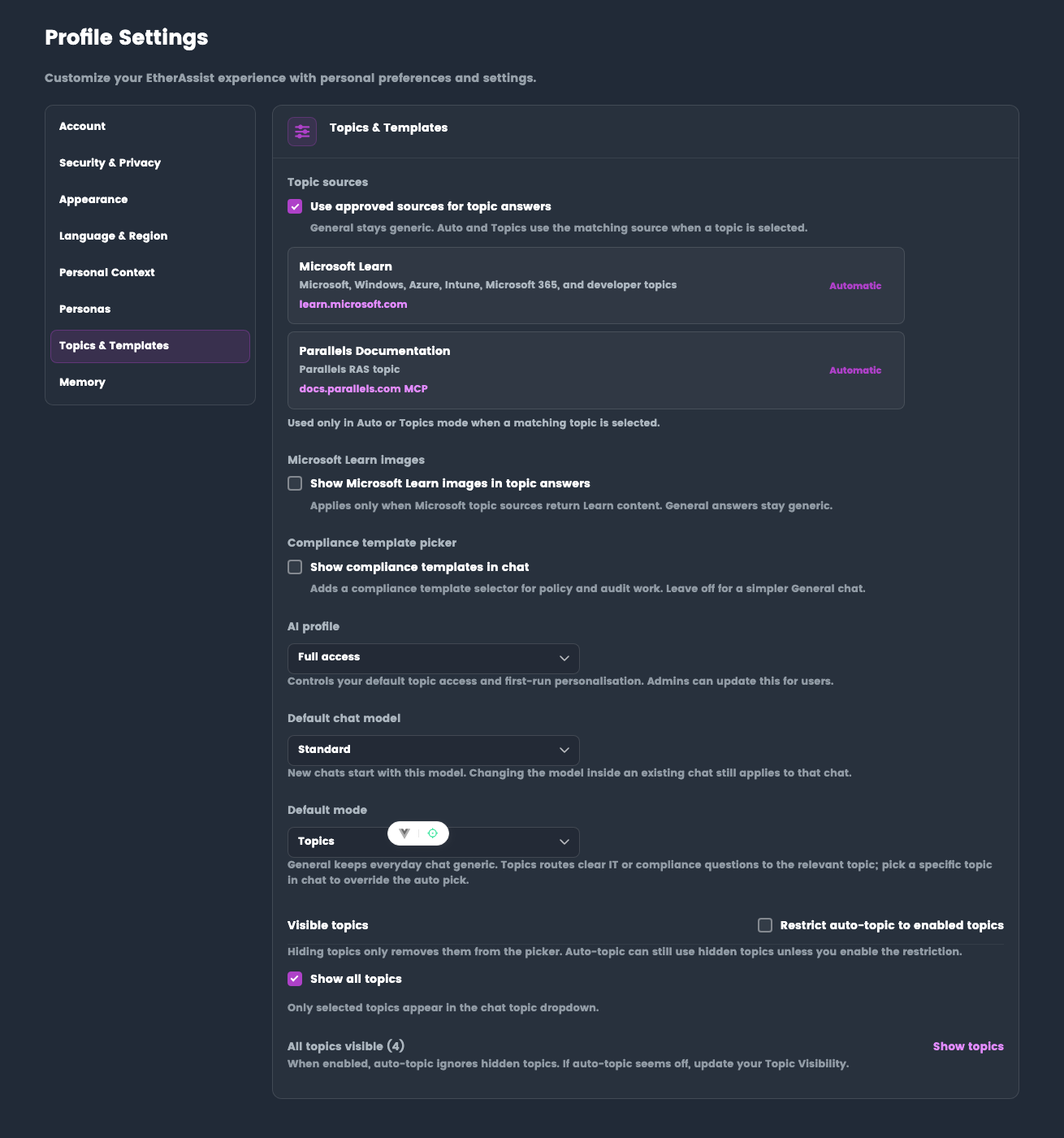 Topics and templates settings