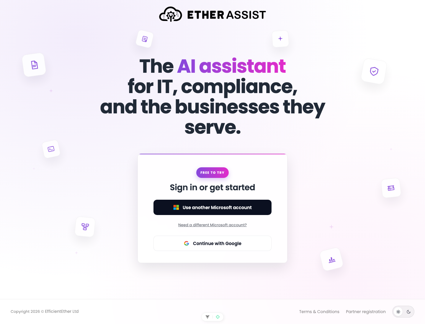 EtherAssist sign-in page showing the Microsoft account switch option