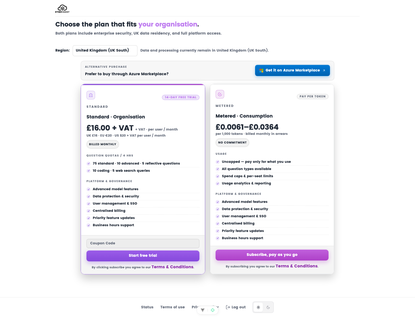 Subscription details in EtherAssist